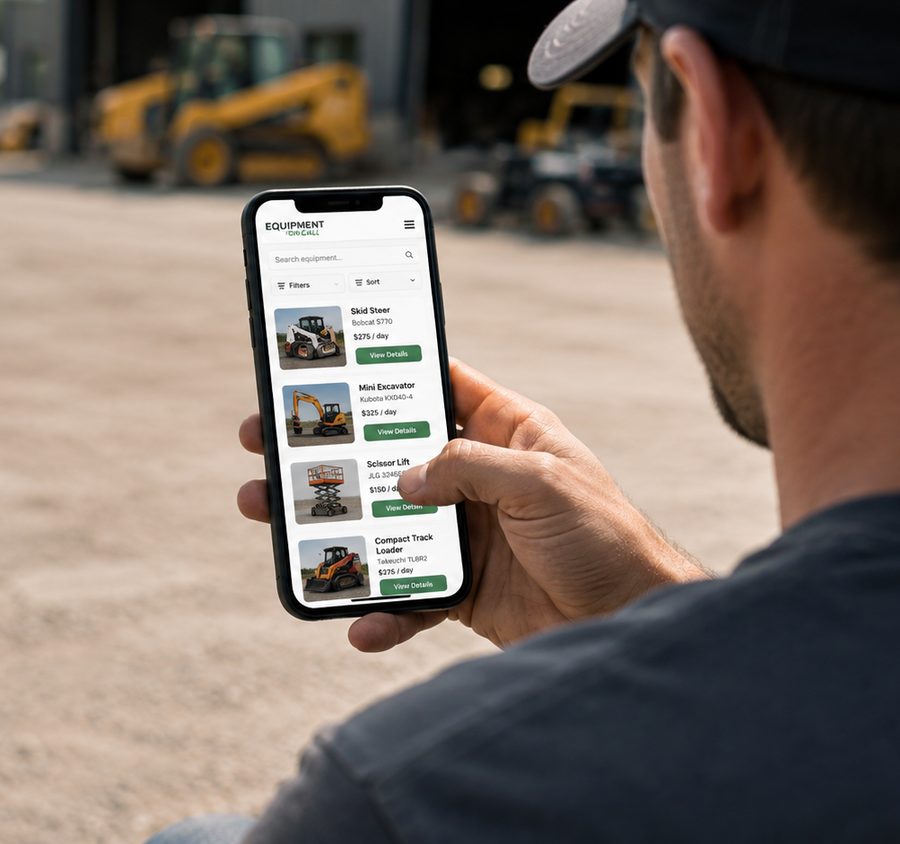 Contractor in an equipment yard browsing available machines on the Equipment On Call mobile site