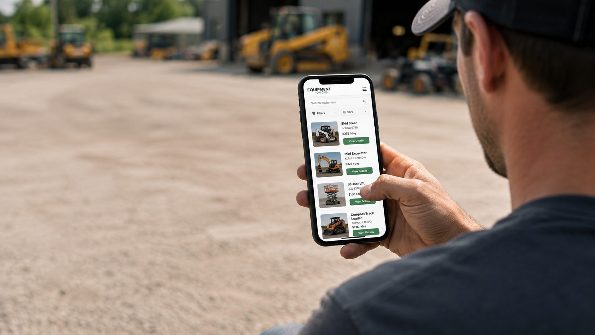 Contractor in an equipment yard browsing available machines on the Equipment On Call mobile site