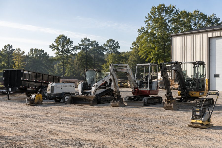 Equipment yard with excavators, loaders and trailers ready for local rental